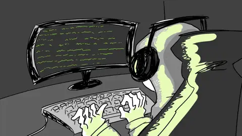 Sketch animation of someone in headphones typing fast while green code fills the monitor